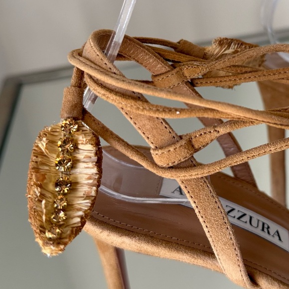Like new AQUAZZURA SUEDE LEATHER ISLA SANDALS WITH RHINESTONED RAFFIA DETAIL - Picture 8 of 12